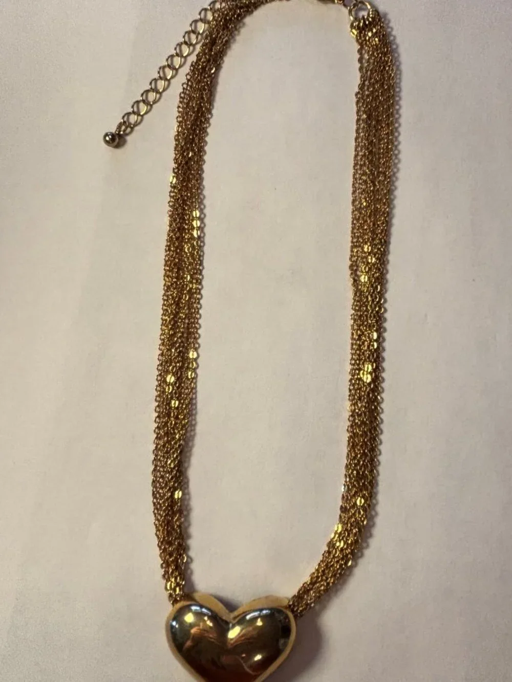 Vintage Gold Tone 10 Strand Chain with Puffy Heart Necklace & Matching Earrings